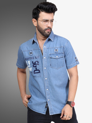 D Finish Men Printed Casual Blue Shirt