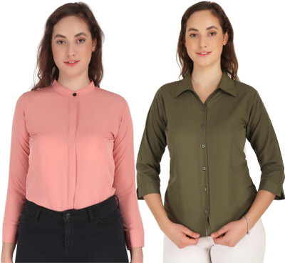 Hunoor Women Solid Casual Pink, Dark Green Shirt(Pack of 2)