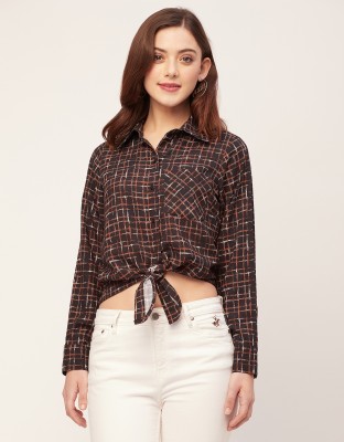 moomaya Women Checkered Casual Brown, Orange, White Shirt