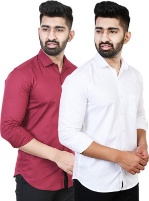 Feel high Men Solid Casual White, Maroon Shirt(Pack of 2)
