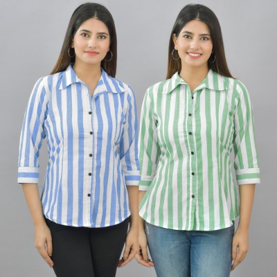 QuaClo Women Striped Casual Blue, Light Green Shirt(Pack of 2)