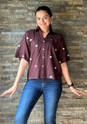 J TURRITOPSIS Women Polka Print Casual Brown Shirt