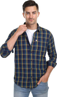 Marc Laurent Men Checkered Casual Yellow, Blue Shirt