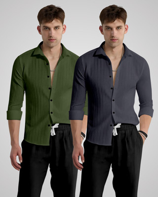 kruze Men Self Design Casual Green, Grey Shirt(Pack of 2)