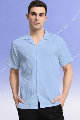 A DEEMOON TREND Men Self Design Casual Light Blue Shirt