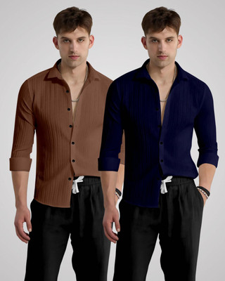 kruze Men Self Design Casual Brown, Dark Blue Shirt(Pack of 2)