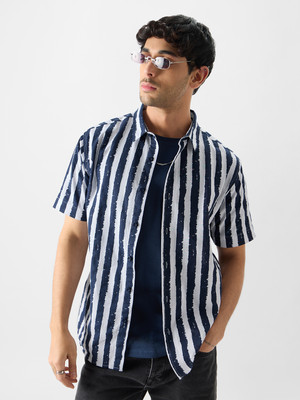 The Souled Store Men Striped Casual Dark Blue, White Shirt