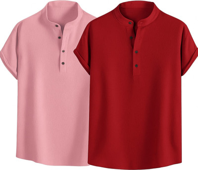 METRONAUT Men Self Design Casual Pink, Maroon Shirt(Pack of 2)