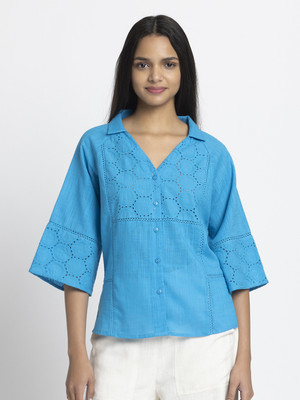 SHAYE SHAYE Women Embroidered Casual Blue Shirt