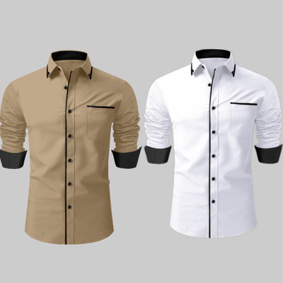 LAXBON Men Solid Casual White, Beige Shirt(Pack of 2)
