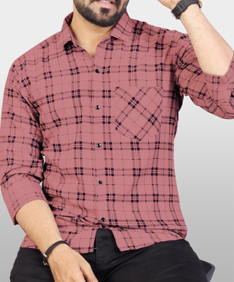 VeBNoR Men Checkered Casual Pink Shirt