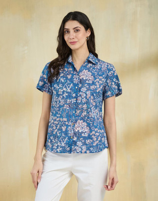 Fabindia Women Floral Print Casual Blue Shirt