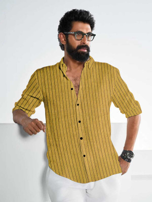 CFILORUX Men Striped Casual Yellow Shirt