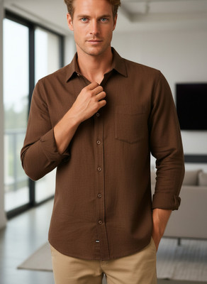 KRM Men Solid Formal Brown Shirt