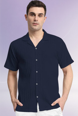 A DEEMOON TREND Men Self Design Casual Dark Blue Shirt