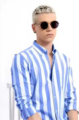 SEIGE Men Striped Party Blue, White Shirt