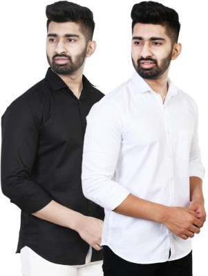 BLUE MARTIN Men Solid Casual White, Black Shirt(Pack of 2)