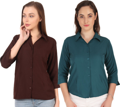 Hunoor Women Solid Formal Dark Green, Brown Shirt(Pack of 2)