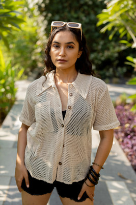 Magari Women Self Design Beach Wear Beige Shirt