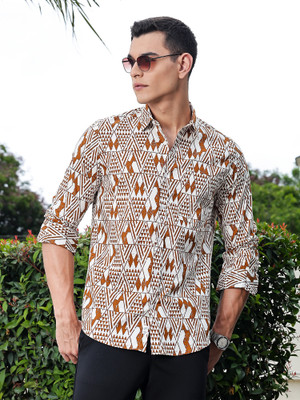 THOMAS SCOTT Men Geometric Print Casual Brown Shirt