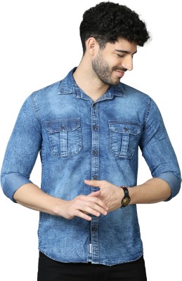 ZHAO Men Solid Casual Blue, Gold Shirt