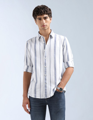 FLYING MACHINE Men Striped Casual White Shirt