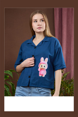 VAVA Creation Women Printed Casual Dark Blue Shirt