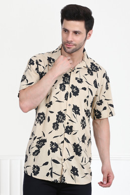 RED HOUGE Men Floral Print Casual Cream Shirt