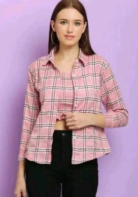 dillu Women Checkered Casual Pink Shirt