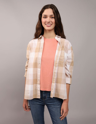 American Eagle Women Checkered Casual Beige Shirt
