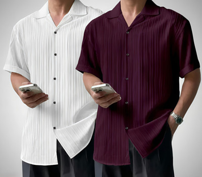 METRONAUT Men Self Design Casual Maroon, White Shirt(Pack of 2)