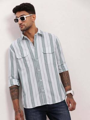 SHOWOFFFF Men Striped Casual Green Shirt