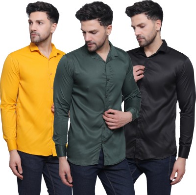 FILNECH Men Solid Casual Yellow, Green, Black Shirt(Pack of 3)