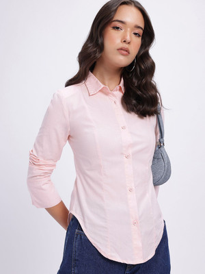 Glitchez Women Solid Casual Pink Shirt