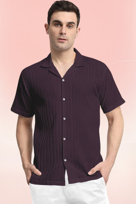 A DEEMOON TREND Men Striped, Self Design, Solid Casual Purple Shirt