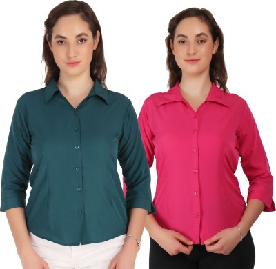 Giggles Women Solid Casual Dark Blue, Green Shirt(Pack of 2)