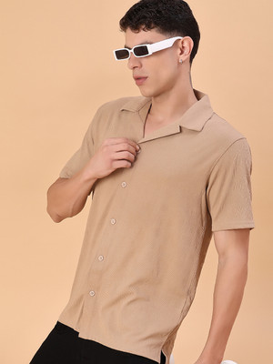 V-MART Men Self Design Casual Beige Shirt