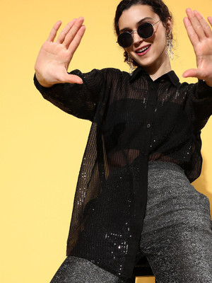 SASSAFRAS Women Printed Casual Black Shirt