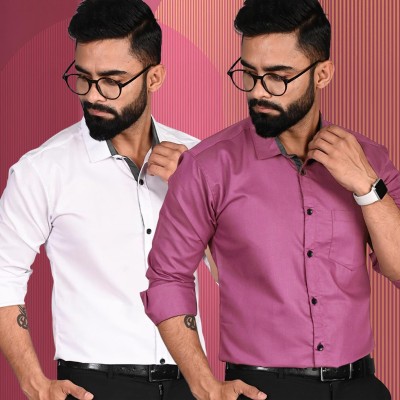 Tee Projekt Men Solid Formal White, Pink Shirt(Pack of 2)