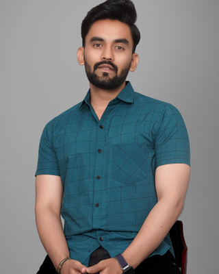 METRONAUT Men Solid, Checkered Casual Dark Green Shirt