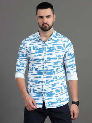 ZHAO Men Printed Casual Blue Shirt
