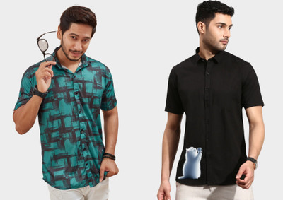 Emporium Men Checkered, Solid Casual Green, Black Shirt(Pack of 2)