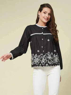 J TURRITOPSIS Women Embroidered Casual Black Shirt