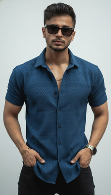 SEVENTEENSTITCH Men Solid, Self Design Casual Blue Shirt