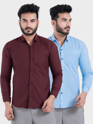 BONCUE Men Solid Casual Maroon, Light Blue Shirt(Pack of 2)