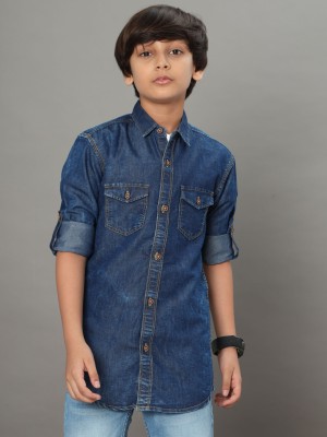 DARKCLUB Boys Washed Casual Dark Blue Shirt