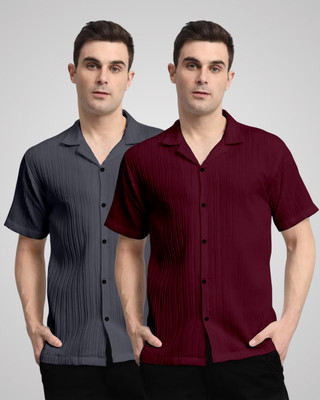 VK Couture Men Self Design, Striped Casual Grey, Maroon Shirt(Pack of 2)