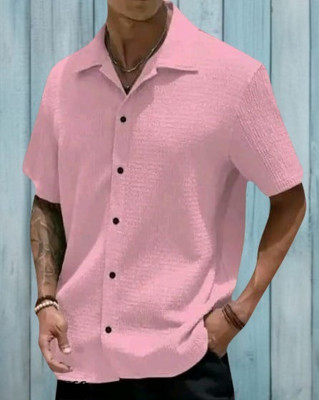MUMIN Men Self Design Casual Pink Shirt