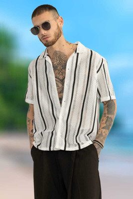 HEJAMAA CREATION Men Self Design Casual White Shirt