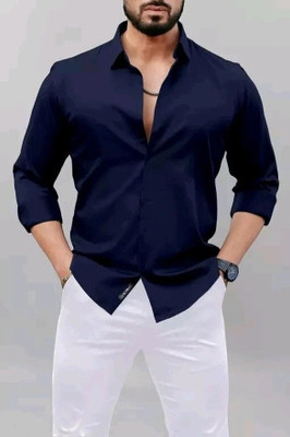 MUMIN Men Solid Formal Dark Blue Shirt